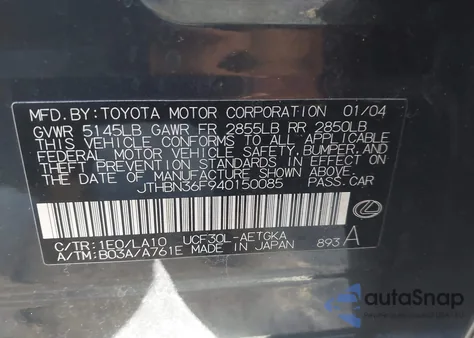 2004 Lexus Ls 430 from USA, damaged, VIN JTHBN36F940150085